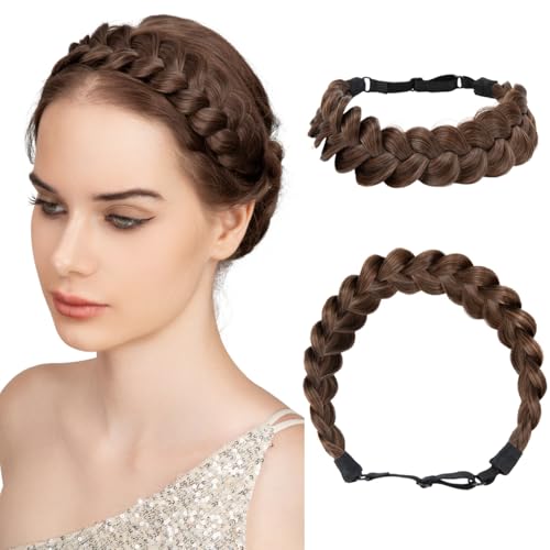 CJL HAIR Wide Elastic Braided Headbands for Women with Adjustable Strap Synthetic Hair Head Bands Handmade Braid Hairband Hairpiece 1PC Chocolate Multi