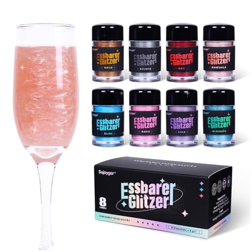 Essbarer Glitzer Set - 8 Farben Essbares Glitzer für Getränke Glitzerpulver für Torten Cocktails Erdbeeren Schokolade 100% lebensmittelechtes Streusel Glitzerpulver (5g/Flasche)