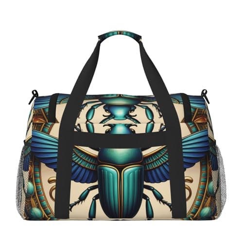 Egyptian Scarab Print Travel Duffle Bag - Foldable Personal Item Travel Bag for Women & Men,Carry-On Convertible Crossbody Tote Bags with Adjustable Shoulder Strap & Pockets 13x10.2x19.7 in2