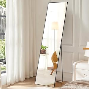 OLIXIS Full Length Mirror 59″x16″ for Bedroom, Full Body Mirror with Stand, Hanging or Leaning for Wall, Aluminum Alloy Thin Frame Floor Standing for Living Room, Tall, Black