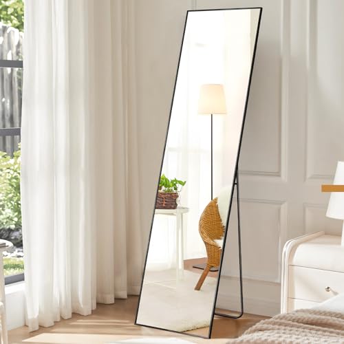OLIXIS Full Length Mirror 59″x16″ for Bedroom, Full Body Mirror with Stand, Hanging or Leaning for Wall, Aluminum Alloy Thin Frame Floor Standing for Living Room, Tall, Black