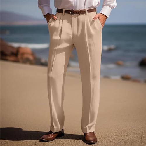Men's Classic Fit Linen Dress Pants Pleated Loose-Fit Straight Leg Casual Golf Business Work Pants Cotton Trousers2