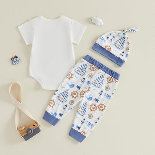 Image of SAYOO Newborn Baby Boy Clothes New To The Crew Embroidered Romper Waffle Solid Pants with Hat Coming Home Hospital Outfits