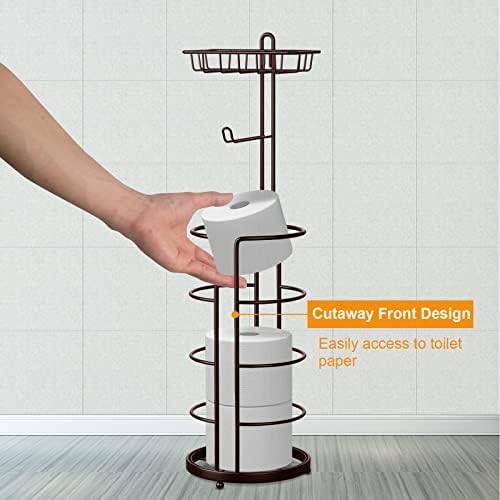 Toilet Paper Holder Freestanding - Toilet Roll Holder Dispenser with Storage Shelf - Bathroom Metal Tissue Storage Rack for 3 Spare Rolls - Bronze