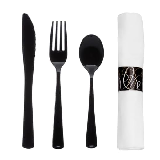 Party Essentials Party Supplies Wrapped Silverware Set Disposable, Pre Rolled Napkin and Cutlery, Spoons/Forks/Knives Black, 50 Units