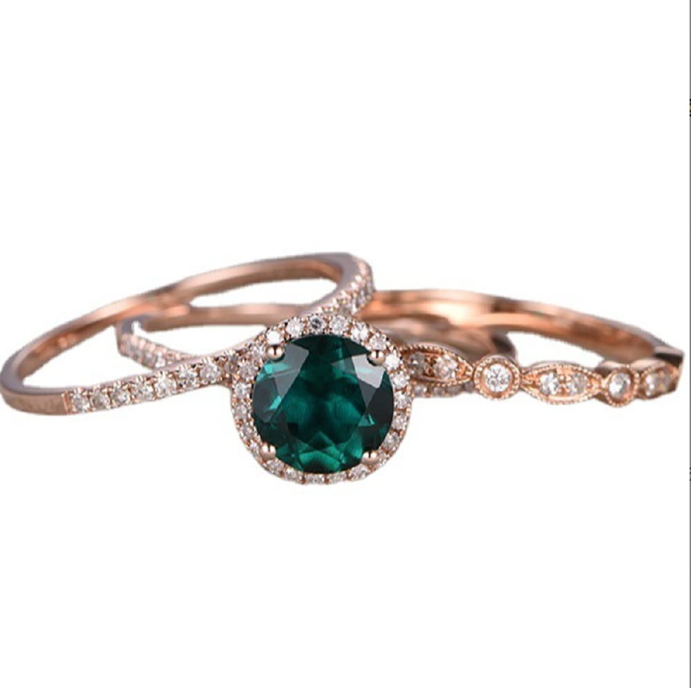 Detail Fashion Women Stackable Ring Set Three-Piece Ring Gorgeous AAAA Cubic Zirconia 14K Rose Gold Plated Emerald CZ Halo Ring Anniversary Eternity Wedding Bridal Set Rings (10#)