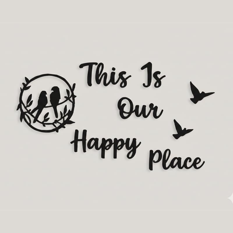 Image of This is Our Happy Place Wall Art Sticker with Birds & Quote | Romantic Couple Wall Decor for Bedroom, Living Room | Golden Acrylic Wall Decoration