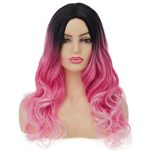 Image of Swiking Women Ombre Pink Long Curly Wig Dark Roots Wave Middle Part Synthetic Wigs for Halloween Cosplay Wig (Ombre Pink)