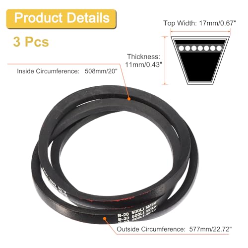Image of uxcell 3 Pack B-20 Classic Wrapped V-Belt, 23 inch Outside Circumference, Black Industrial Rubber V-Belt
