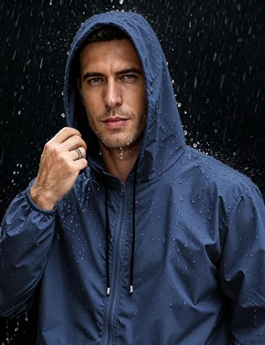Image of Mens Rain Jacket Lightweight Waterproof Raincoat with Hood Packable Windbreaker Jacket Hiking Cycling