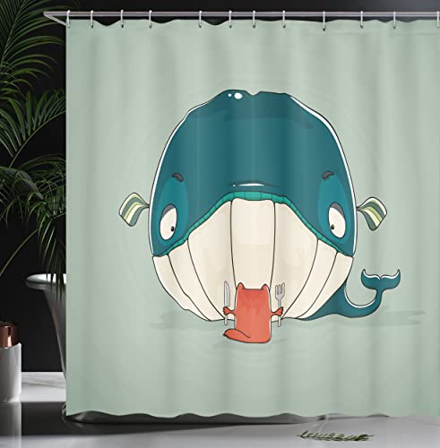 ABAKUHAUS Whale Shower Curtain, Greedy Little Cat Sitting down to Dine on a Huge Fish Dinner of Whale Cartoon - Image 3