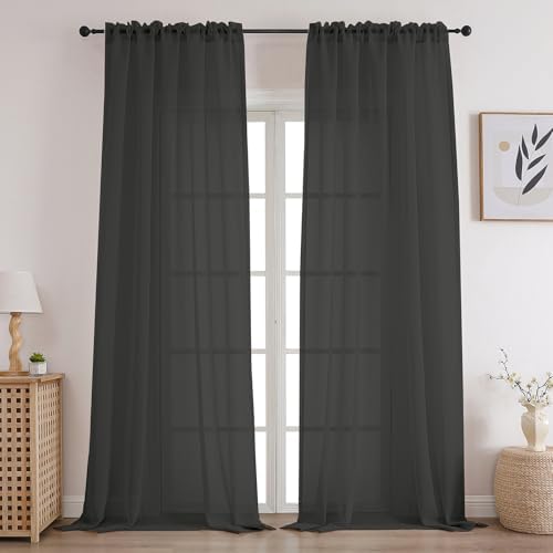 CUCRAF Grey Sheer Curtains 90 Inches Long 2 Panels Set, Semi Sheer Rod Pocket Window Treatment Voile Drapes for Living Room Bedroom(37''W x 90''L, Grey)