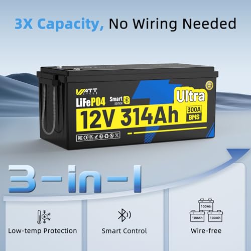 Image of WattCycle 12V 314Ah LiFePO4 Lithium Battery, 4.02kWh 12 Volt Lithium RV Batteries with Bluetooth, Built-in 300A BMS & EV-Grade A Cells, 15000+ Deep Cycles Battery for RV, Marine, Solar, Off-Grid