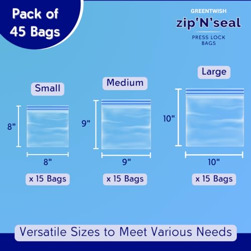 Image of GREENTWISH Zip 'N' Seal (Pack of 45 Bags) Dual Zipper Zip Lock Bags, Freezer /Microwave Safe, Ziplock Bag For Food Storage, BPA Free Reusable LDPE Transparent Freezer Bag, Small-15, Medium-15, Large-15 | Multipurpose Storage