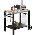 Double-Shelves Stainless Steel Flattop Grill Cart, Movable Kitchen Indoor & Outdoor Cooking Station, Fits Ninja/Ooni/Blackstone/Weber Q, Pizza Oven Food Prep Table for Party, 33.5"×21"