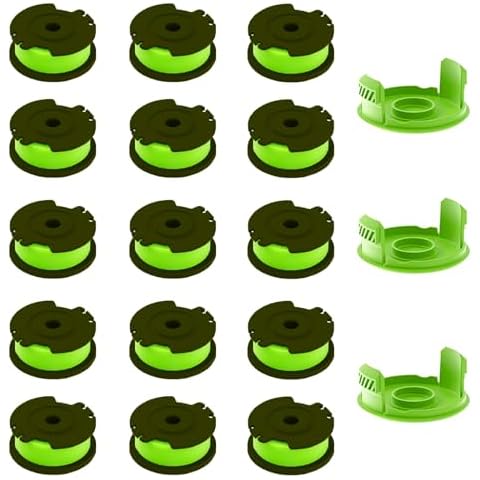 sunchers 15 Packs Line Spools and 3 Spool Caps String Trimmer, 0.065" Autofeed Replacement Spool Trimmer Line Cover