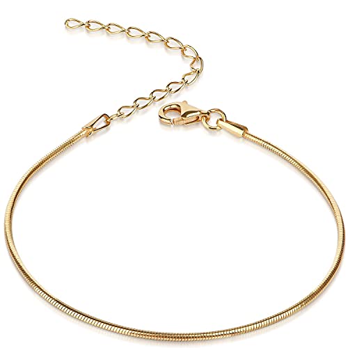 Materia #SA-62 Bracelet à maille serpent en argent 925 plaqué or 1 mm, longueur variable de 17 à 22 cm, pour femme