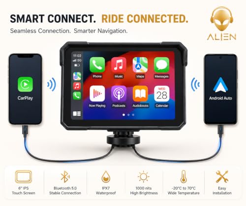Image of Alien 6 inch Bike Navigation Screen with GPS | Waterproof IPX7 Smart Display for Motorcycles | Bluetooth Connectivity | Turn-by-Turn Navigation | Anti-Glare Screen