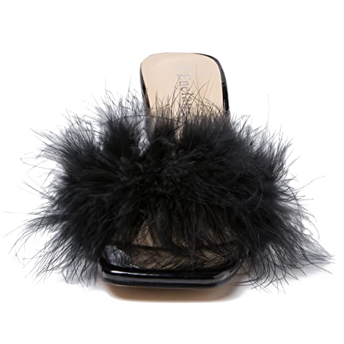 Enelauge Women's Square Toe Sandal Fluffy Feather Clear High Heels Sandals Mules Backless Slip On Slipper Dress Shoes3