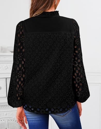 BETTE BOUTIK Women's Long Short Sleeve Tops 2025 Dressy Casual Button Hollow Out Lace Embroidered Blouses Shirts
