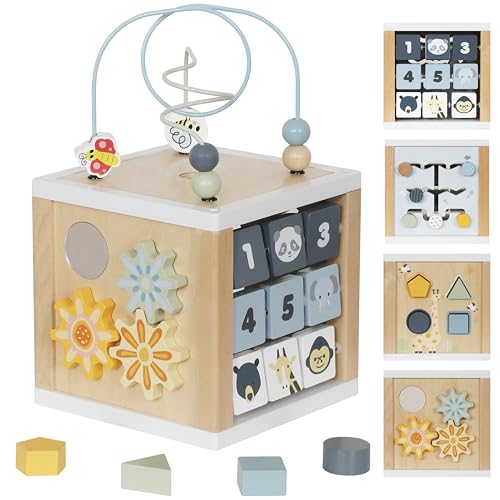 Image of touch us Wooden Activity Cube, 6-in-1 Montessori Toys for 1+ Year Old Boys & Girls, Educational Learning Toys for 1 2 3 Year Old Baby|Bead Maze|Shape Sorter|Mirror|Gear