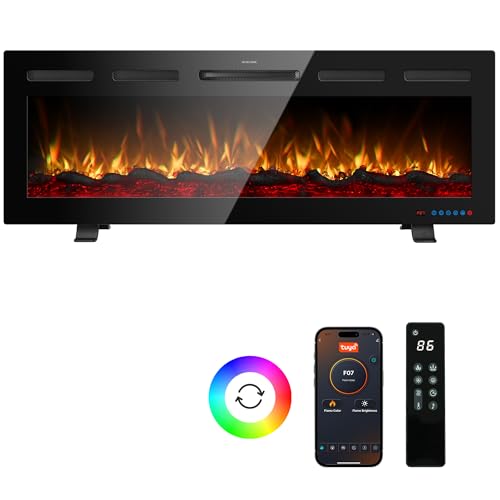 50" Infrared Smart Electric Fireplace Alexa/Google Compatible, Remote& App Control Multicolor Flame w/Dimmer, Wall-Mounted& Recessed WiFi Enabled Fireplace Heater w/Crackling Sound& Thermostat, 1500W