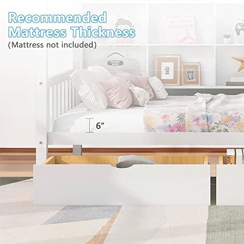 Humeha Twin Size House Bed For Kids, Montessori Platform Bed Frame With 2 Drawers And Storage Shelves, Solid Wood Twin Bed Frame With Headboard For Girls & Boys (White), 77.5" L X 42.1" W X 68.1" H #TOP4