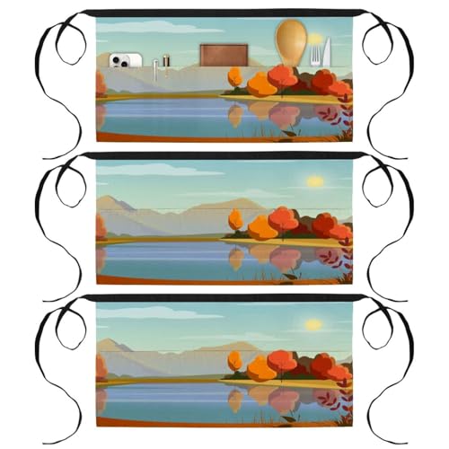 Lot de 3 tabliers courts de chef multicolores au motif paysage avec lac