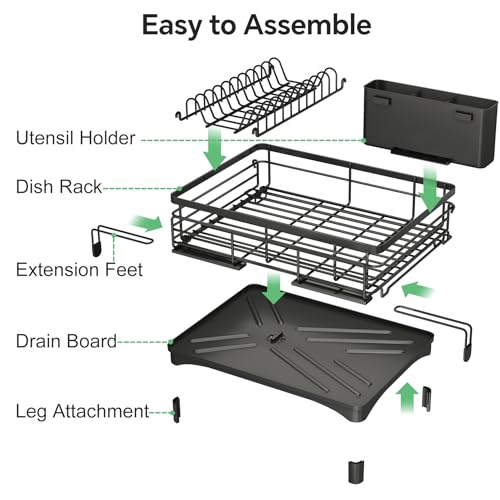 SAYZH Dish Drainer Rack, Expandable Dish Drying Rack with Cutlery Holder and Swivel Drainage Spout, Dish Rack for Kitchen Counter and Sink, Black - Image 7