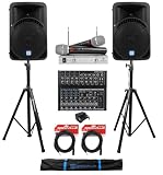 Audiosavings Bundle: (2) Rockville RPG15BT V2 15' 1000W Bluetooth Speakers+(1) Mackie Mix12FX 12-Ch Mixer+(2) RVSS2 Tripod Stands+(1) RWM1202VH VHF Wireless Mic+(2) RCXMB20B 20' Cables (7 Items)
