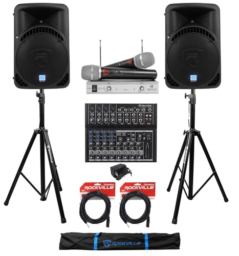 Audiosavings Bundle: (2) Rockville RPG15BT V2 15' 1000W Bluetooth Speakers+(1) Mackie Mix12FX 12-Ch Mixer+(2) RVSS2 Tripod Stands+(1) RWM1202VH VHF Wireless Mic+(2) RCXMB20B 20' Cables (7 Items)