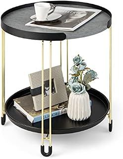 COSTWAY Round Side Table, 2-Tier Faux Marble Nightstand Bedside Sofa End Table with Removable Tray, Modern Gold Metal Frame Small Coffee Snack Tea Table for Living Room, Bedroom and Office