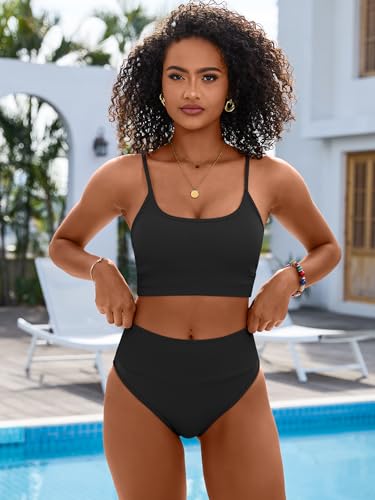 ANRABESS Women High Waisted Bikini Sets Color Block Summer Beach Vacation 2 Piece Bathing Suit Tummy Control Ribbed Swimsuit3