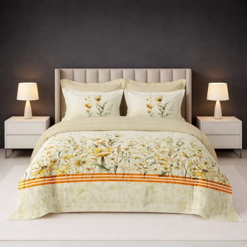 Image of LANE LINEN 100% Cotton Printed King Size Bedsheet - Yellow Floral | OEKO-Tex Certified, 250TC, Fits King & Double Bed, Floral Print, Breathable & Wrinkle-Free, Includes 2 Pillow Covers