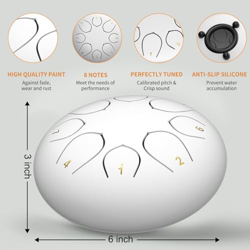 Image of Rain Drum for Outside Garden, 6 Inches 8 Notes Steel Tongue Drums, Waterproof Meditation Echo Rain Chime, Musical Instruments for Adult Gift with Bag, Music Book, Mallets (White)