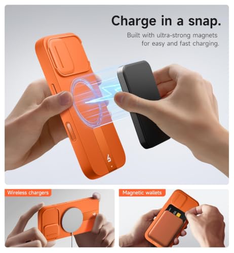 Image of SURITCH for iPhone 17 Case with Camera Control Cover, Camera Slide Cover and Adjustable Kickstand, Compatible with MagSafe, Shockproof Bumper Protective Cases 6.3 Inch, Orange