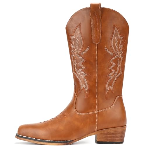 Image of IUV Cowboy Boots for Women Mid Calf Pull-On Cowgirl Boots