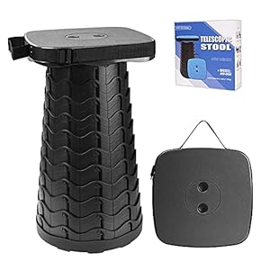 Opgewaardeerde draagbare telescopische kruk met grotere stoel – intrekbare vierkante kampeerkruk voor volwassenen, telescopische opvouwbare lichtgewicht compacte kruk (zwart)