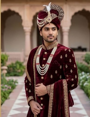 Image of BookMyCostume Dulha & Royal Wedding Turban Collection - Premium Silk, Velvet, Zari Work Safa with Kalgi & Brooch - Traditional Indian Dulha Pagdi /Sehra Perfect for Weddings & Role Plays for Men & Kids