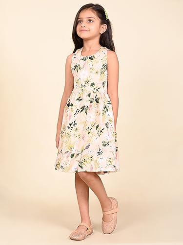 Image of LILPICKS Floral Printed Sleeveless Criss Cross Back Fit n Flare DressFor Girls (Beige)