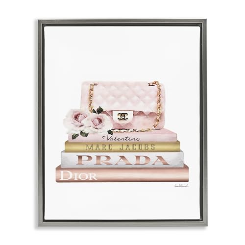 Image of Stupell Industries 'Pink Purse Gold Bookstack'| Floating Frame Canvas Art | Stupell Industries | Gray, 25 x 31 Inches, Easy to Hang and Sturdy, Made in USA, by Amanda Greenwood