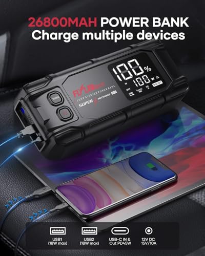 Jump Starter Power Pack, FLYLINKTECH 8000A Peak 26800mAh Car Battery Booster Jump Starter Bank with PD65W Fast Charging for All Gas or 12L Diesel, 12V Battery Jumper with 600 Lumen Light, Jump leads - Image 3