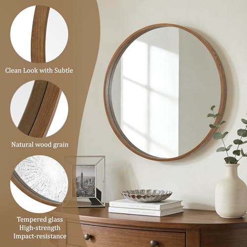 Image of WallBeyond Circle Mirror with Wood Frame, 28 inch Round Modern Decoration Large Home Decor Mirror for Bathroom Living Room Bedroom Entryway (28 inch Diameter, Walnut)