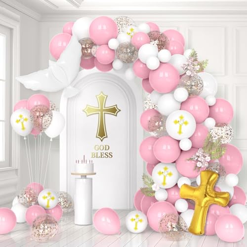 Image of 132Pcs God Bless Baptism Pink Balloon Garland Arch Kit First Holy Communion Decoration Christian Religious Decor Cross Dove Balloon Girl Mi Bautizo Christening Birthday Baby Shower Party Supplie