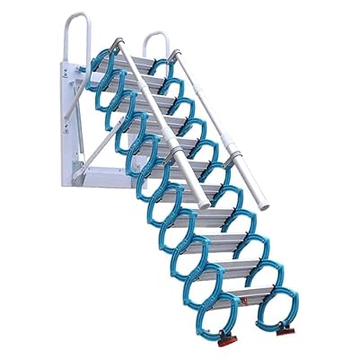 Attic Ladder Pull Down System-12 Steps Titanium Magnesium Alloy Attic Stairs, 10.17FT Wall-Mounted Collapsible Loft Ladder with Armrests, Retractable Attic Ladder (Blue)