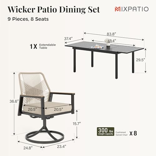 Image of MIXPATIO Swivel Patio Dining Set, Extendable Metal Table, 8 Rattan Chairs | 84 inch outdoor rectangular table, wicker 3.2 inchcushion chairs. Waterproof, rust-resistant, all-weather for yard, porch