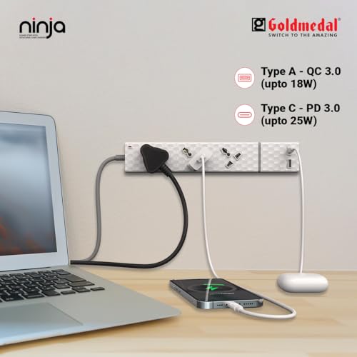 Image of Goldmedal Ninja 3x1 Power Strip with Detachable 25W USB Charger with PD & Quick Fast-Charging, 2 Meter Cable, 3 International Sockets with Plugged-in Type A & Type C Detachable Charger for Travelling