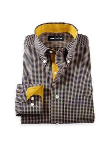 Paul Fredrick Comfort Stretch Non-Iron Dot Dress Shirt With Contrast Trim - Navy/gold