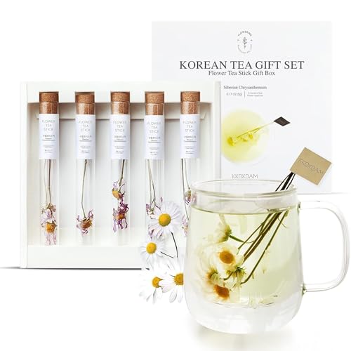 Image of KKOKDAM Tea Gift Set - Siberian Chrysanthemum Blooming Stick Flowers - Fancy Korean Gifts For Tea Lovers - 5 Premium Flower Sticks
