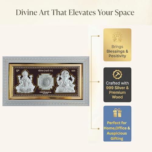 Image of Pure 999 Silver Lakshmi Ganesha Wall Frame - Lakshmi Yantra & Mantra Design|Certified Silver Art|Premium Wooden Frame|Ideal for Home & Office Decor - 1 x Unit